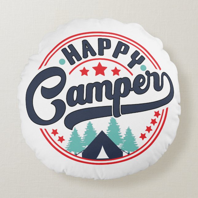 Happy Camper Rundes Kissen (Vorderseite)