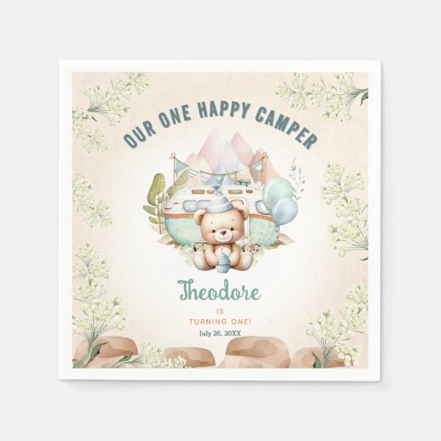 Happy Camper Sommer 1. Geburtstag Boy Paper Serviette (Vorderseite)