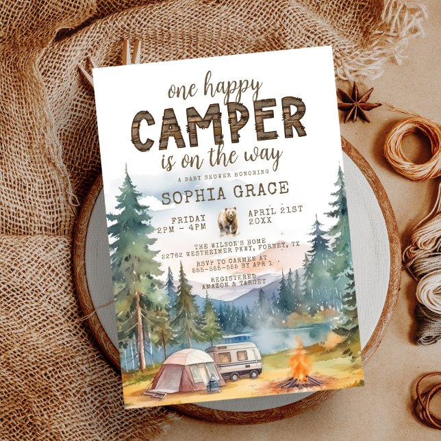 Happy Camper Watercolor Woodland Babydusche Einladung (Von Creator hochgeladen)