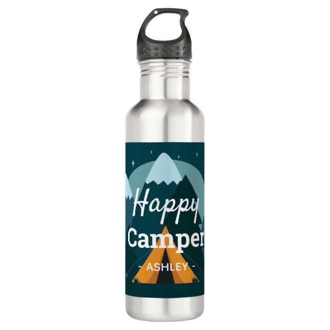 Happy Camper Zelt und Gebirge Personalisiert Edelstahlflasche (Vorderseite)
