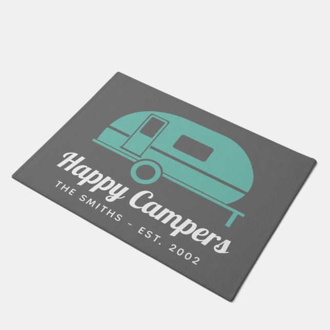 Happy Campers Graues Aquamarines Camping Fußmatte (Schrägansicht)