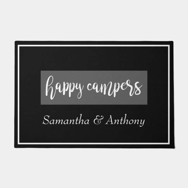 Happy Campers Jeder Name RV Gerahmt Black Gray Fußmatte (Vorderseite)