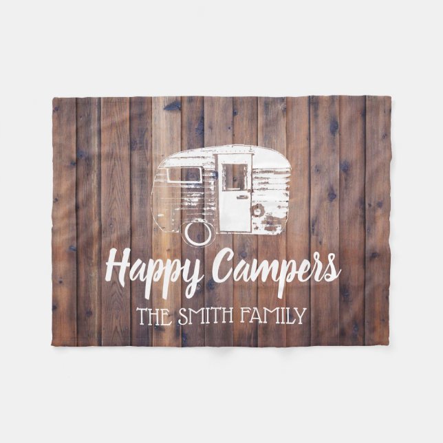 Happy Campers Rustic Camping Trailer Familienname Fleecedecke (Vorderseite (Horizontal))