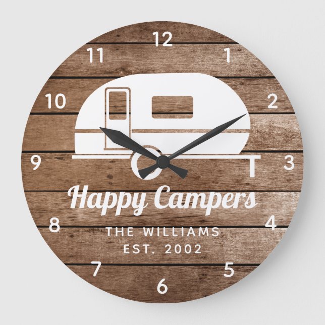 Happy Campers Rustic Wood Camping Große Uhr (Vorderseite)