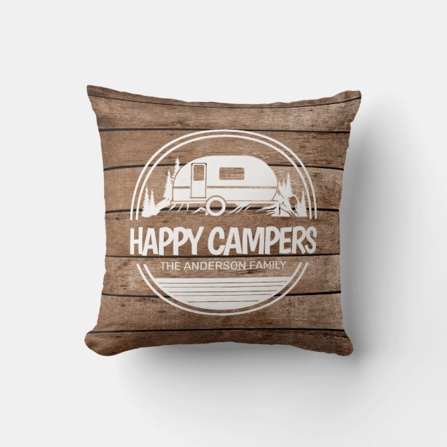 Happy Campers Rustic Wood Camping Kissen (Vorderseite)