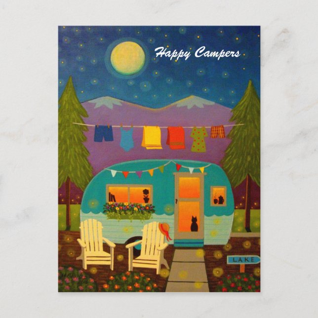 Happy Campers Trailer Hintergrund Postkarte (Vorderseite)