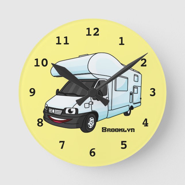 Happy campervan Cartoon Illustration Runde Wanduhr (Vorderseite)