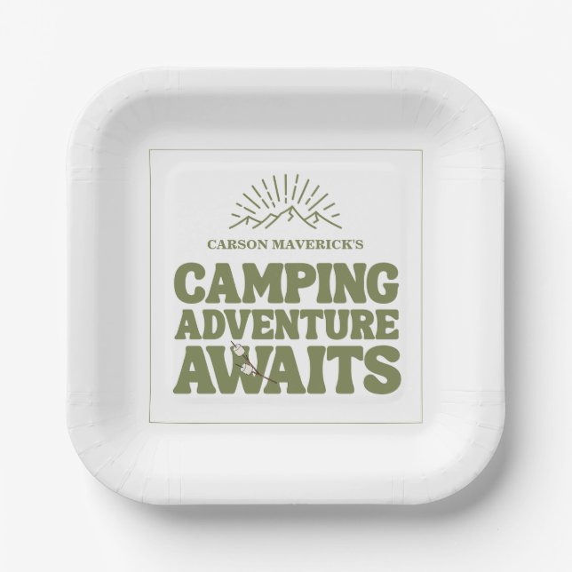 Happy Camping Adventure Awaits Kids Birthday Pappteller (Vorderseite)
