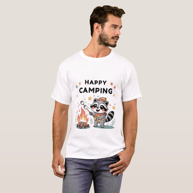 Happy Camping Raccoon, Niedlicher Campfire Cartoon T-Shirt (Vorne ganz)