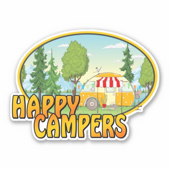 Happy Camping Retro-Design mit Caravan Bäumen Aufkleber (Vorderseite)