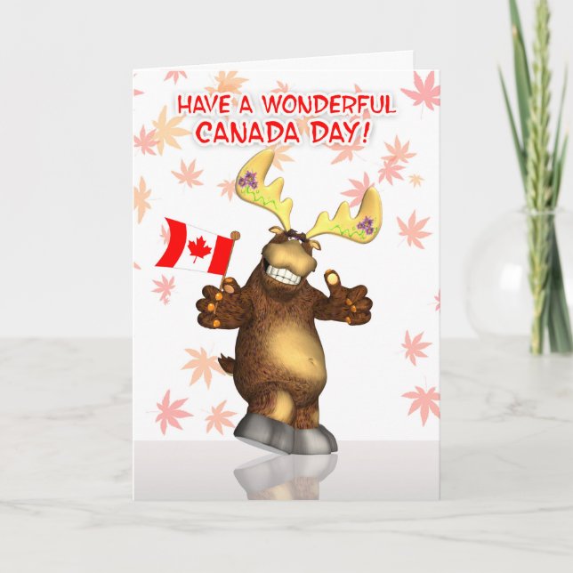 Happy Canada Day mit Elch, der die Flagge winkt Karte (Vorderseite)