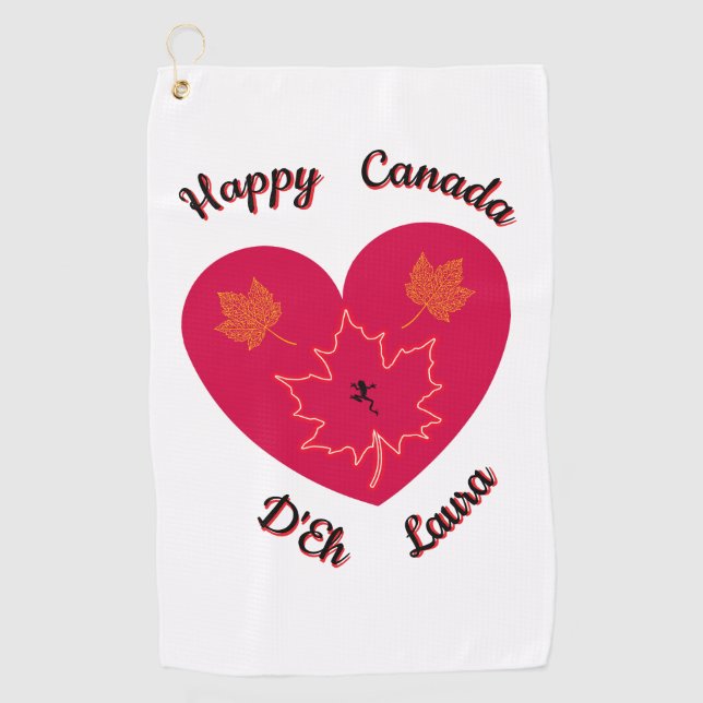 Happy Canada D'Eh Heart, Frog, Ahorn Blätter Golfhandtuch (Vorderseite)