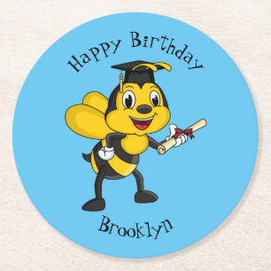 Happy Cartoon bee Abschluss Runder Pappuntersetzer