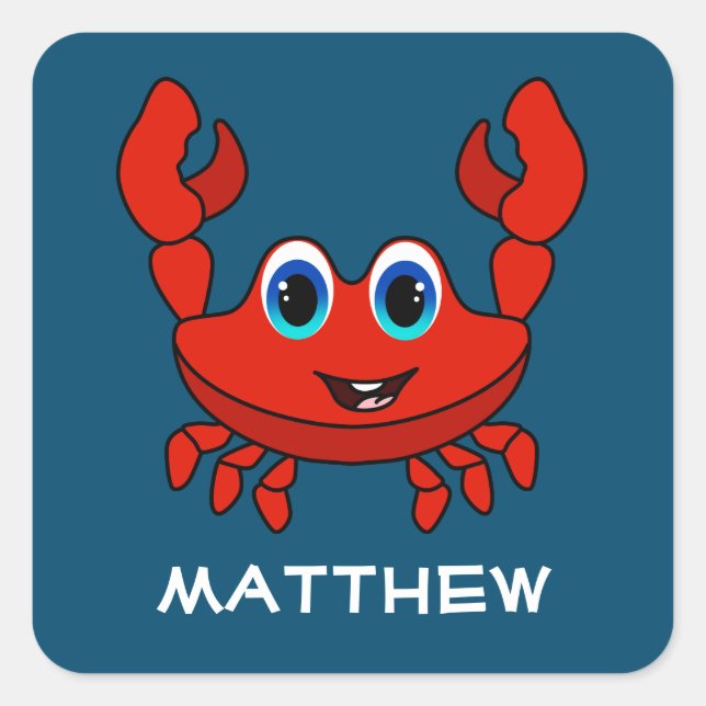 Happy Cartoon Crab Personalisiert Kids Quadratischer Aufkleber (Vorderseite)