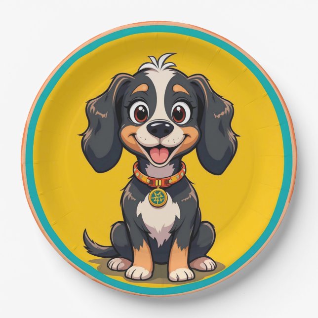 Happy Cartoon Dog in einem farbigen Circular Frame Pappteller (Vorderseite)