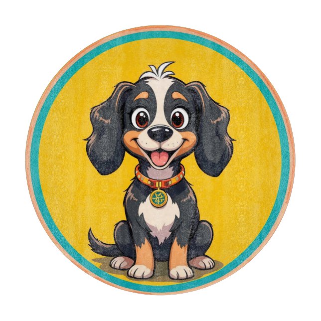 Happy Cartoon Dog in einem farbigen Circular Frame Schneidebrett (Vorderseite)