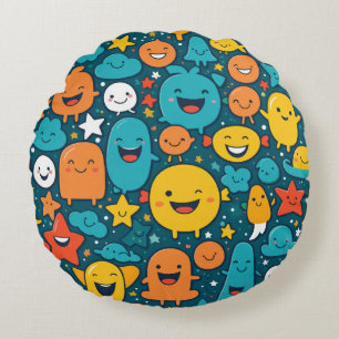 Happy Cartoon Faces Pattern Rundes Kissen