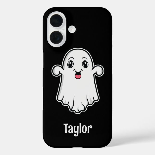 Happy Cartoon Ghost mit personalisierbarem Namen s iPhone 16 Hülle (Rückseite)