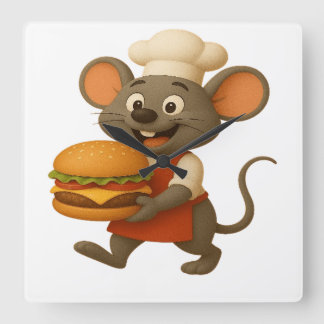 Happy Cartoon Mouse Koch mit Big Cheese - Wall Cl Quadratische Wanduhr