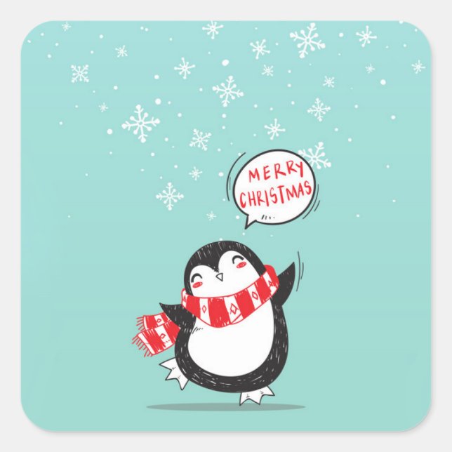 Happy Cartoon Penguin Quadratischer Aufkleber (Vorderseite)