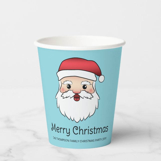 Happy Cartoon Santa Claus Kopf auf blau und Text Pappbecher (Vorderseite)