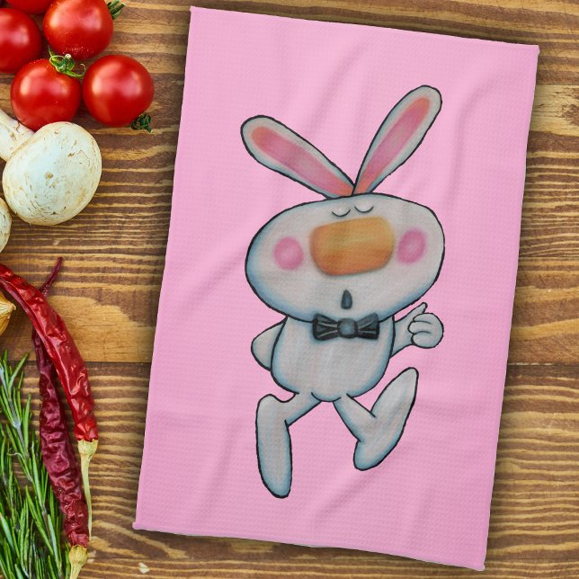 Happy Cartoon thumbs Up Bunny Bow Krawatte Pink Geschirrtuch (white bunny rabbit thumbs up sign wearing bow tie on vibrant pink kitchen hand towel.)