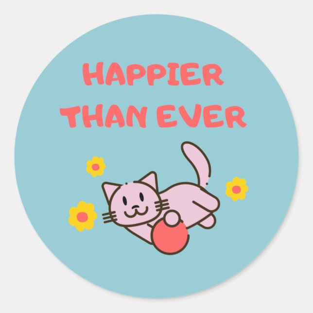 Happy Cat&Blume Klassischer Rundaufkleber Runder Aufkleber (Vorderseite)