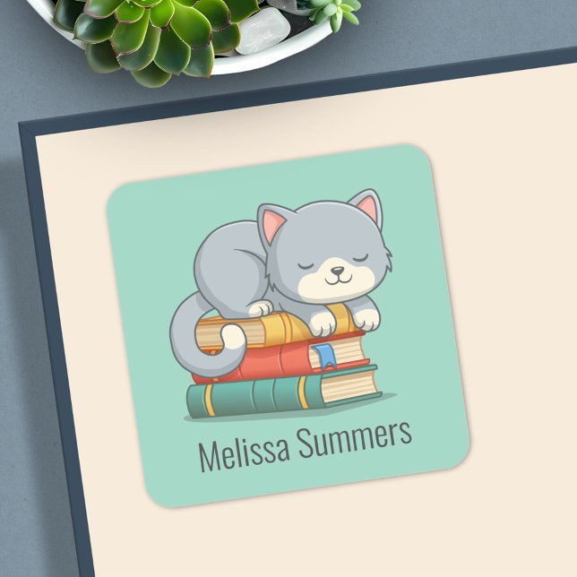 Happy Cat Book Stack Custom Name Bookplate Green Quadratischer Aufkleber (Von Creator hochgeladen)