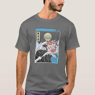 Happy Cat Eating Ramen Surfing Kanagawa Wave Anime T-Shirt
