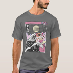 Happy Cat Eating Ramen Surfing Kanagawa Wave Anime T-Shirt