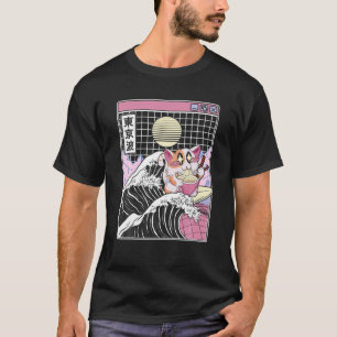 Happy Cat Eating Ramen Surfing Kanagawa Wave Anime T-Shirt