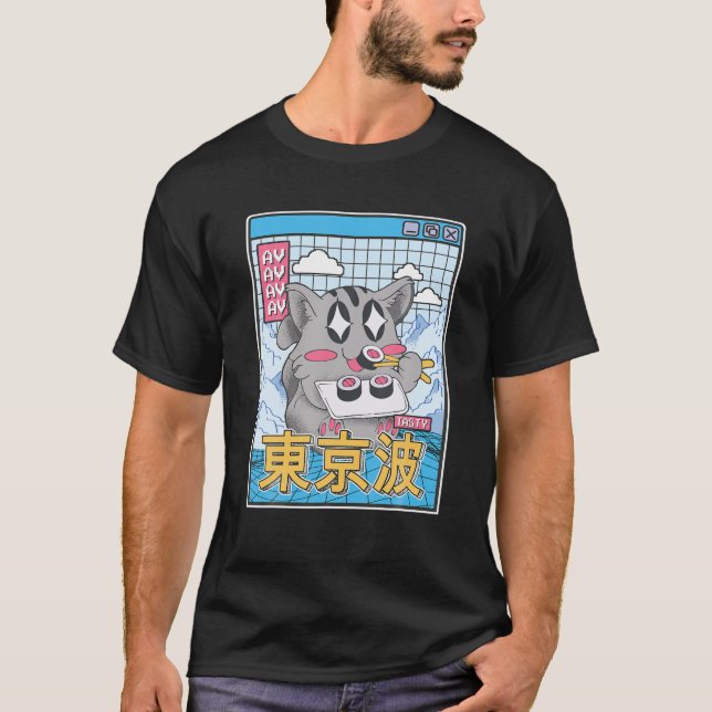 Happy Cat Eating Sushi Vaporwave Ästhetische Anime T-Shirt (Vorderseite)