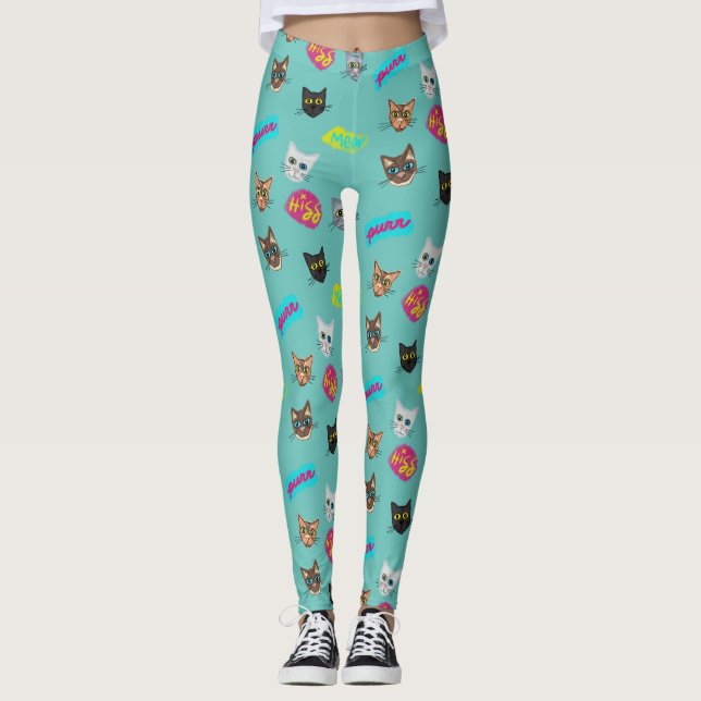 Happy Cat Heads Redux - mit Text Leggings (Vorderseite)