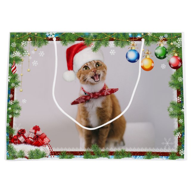 Happy Cat in Red Weihnachtsmütze Große Geschenktüte (Vorderseite)