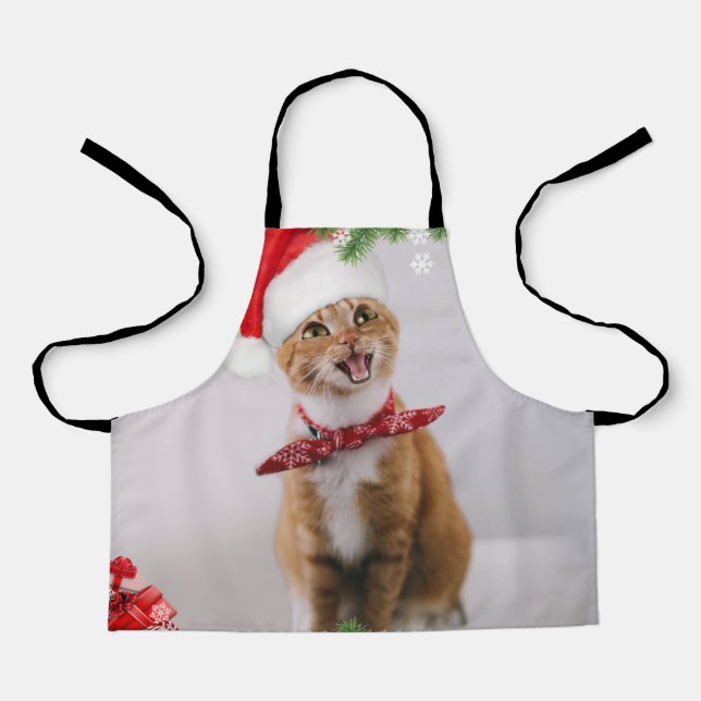 Happy Cat in Red Weihnachtsmütze Schürze (Vorderseite)