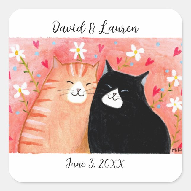 Happy Cat Lover Couple Einzigartige Gewohnte Hochz Quadratischer Aufkleber (Vorderseite)