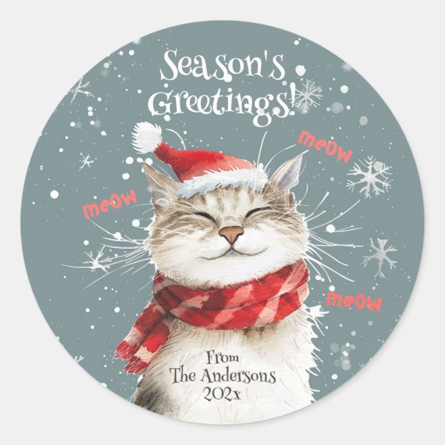 Happy Cat Meow Weihnachtsaufkleber Runder Aufkleber (Vorderseite)