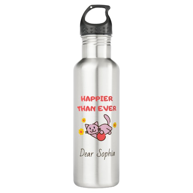 Happy Cat mit Blume Edelstahlflasche (Vorderseite)