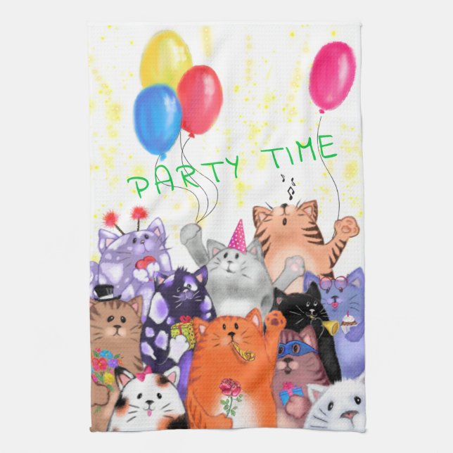 Happy Cat Party Cartoon Zeichnend - Niedlich Funny Geschirrtuch (Vertikal)