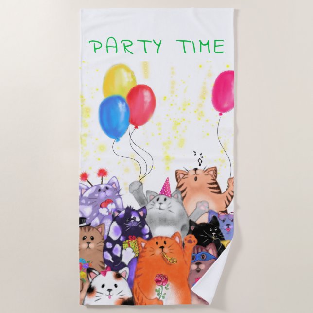 Happy Cat Party Cartoon Zeichnend - Niedliche Funn Strandtuch (Vorderseite)
