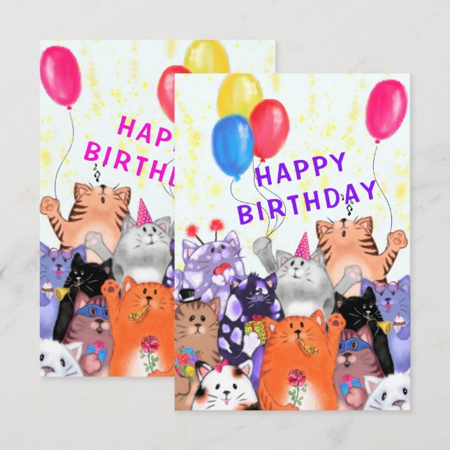 Happy Cat Party Geburtstagkarte Karte (Vorne/Hinten)