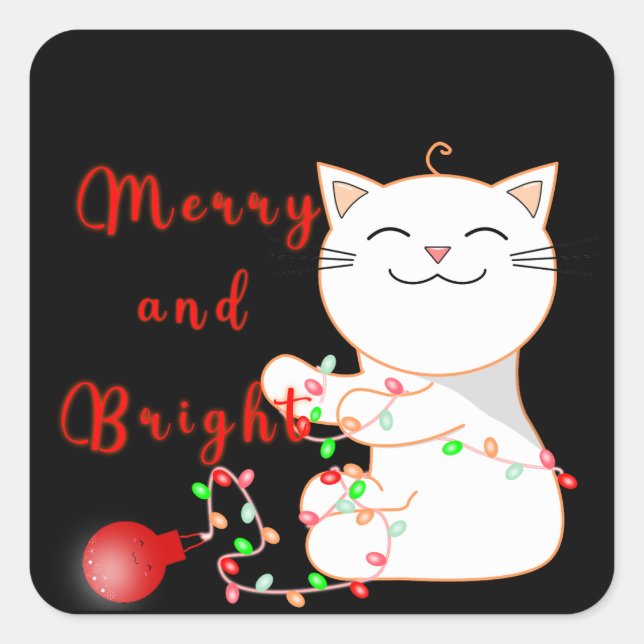 Happy Cat Playing with LED Light | Niedliche Weihn Quadratischer Aufkleber (Vorderseite)