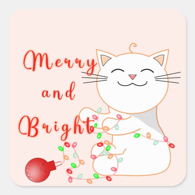 Happy Cat Playing with LED Light | Niedliche Weihn Quadratischer Aufkleber (Vorderseite)