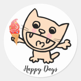 Happy Cat with Ice Cream Runder Aufkleber