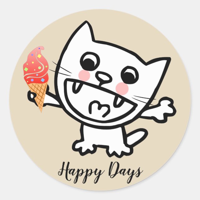 Happy Cat with Ice Cream Runder Aufkleber (Vorderseite)