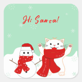 Happy Cat with Snowman | Niedlicher Weihnachtsaufk Quadratischer Aufkleber