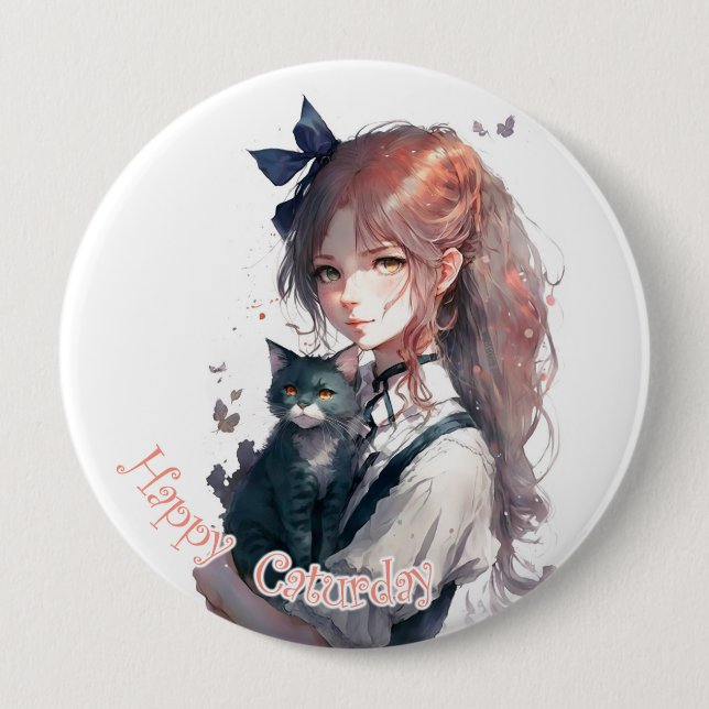 Happy Caturday Girl Holding Ihre Katze Wasserfarbe Button (Vorderseite)