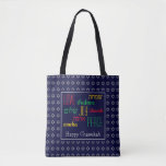 HAPPY CHANUKAH Liebe Joy Peace BLUE Hebrew Tasche<br><div class="desc">Farbenfrohe TOTE BAG mit Imitate silberner Star von David in subtilen Hintergrundmuster. LIEBE JOY PEACE inklusive hebräischer Übersetzungen sind rot,  gelb und grün farblich gekennzeichnet. Der Text kann angepasst werden,  falls Sie etwas ändern möchten. HAPPY CHANUKAH ist ebenfalls anpassbar. Teil der HANUKKAH Kollektion</div>