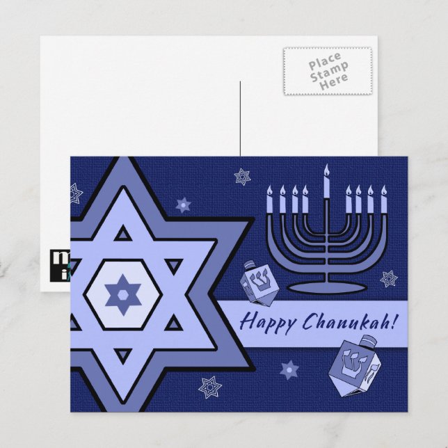 Happy Chanukah. Star von David, Menorah, Dreidels Postkarte (Vorne/Hinten)