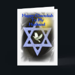 Happy Chanukah - Zu meinem Mann Feiertagskarte<br><div class="desc">Happy Chanukah - Zu meinem Mann Text auf einem klauen Hintergrund mit einer "Star of David" Taube und Sonnenstrahlen</div>